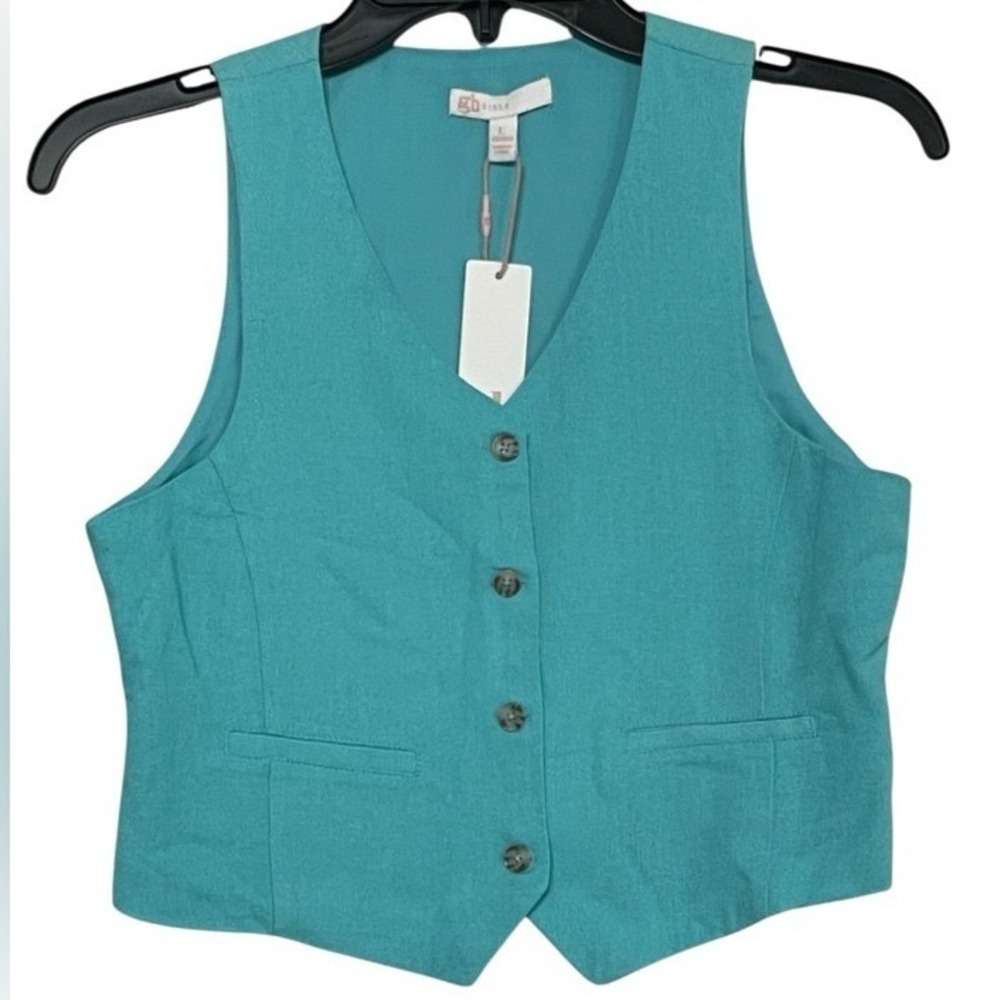 NWT GB Girls Linen Blend Vest Blue‎ Size Large V-Neck